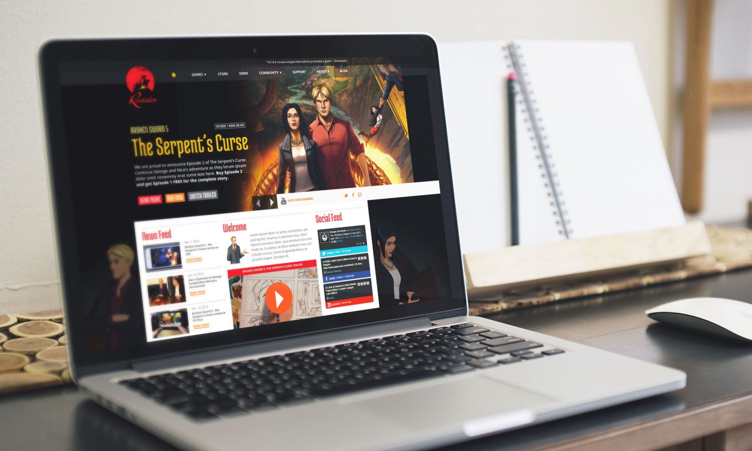 Video games website design - homepage on laptop