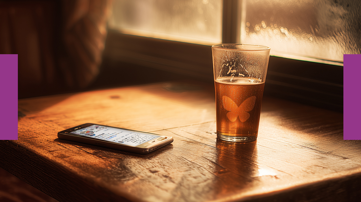 Pub scene with pint glass with bluesky logo on the side and mobile phone with bluesky feed