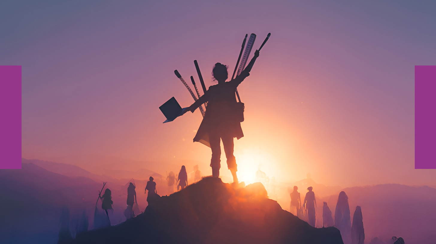 Woman standing on hill holding a variety of design-centric tools