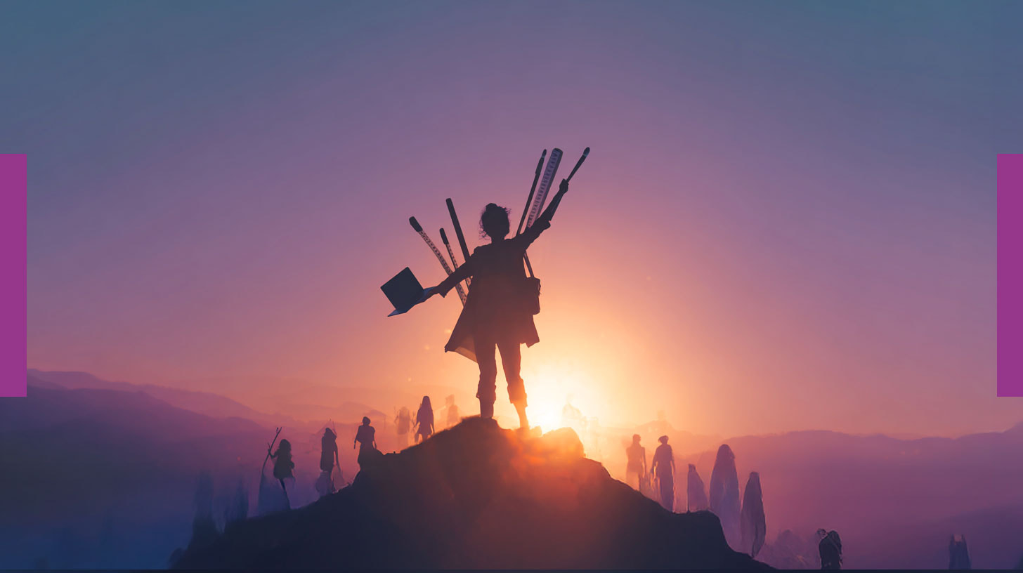 Silhouette of a woman on a mountaintop at dawn, tools raised in her hand like wings, symbolising the rise of the creative generalist in an AI world