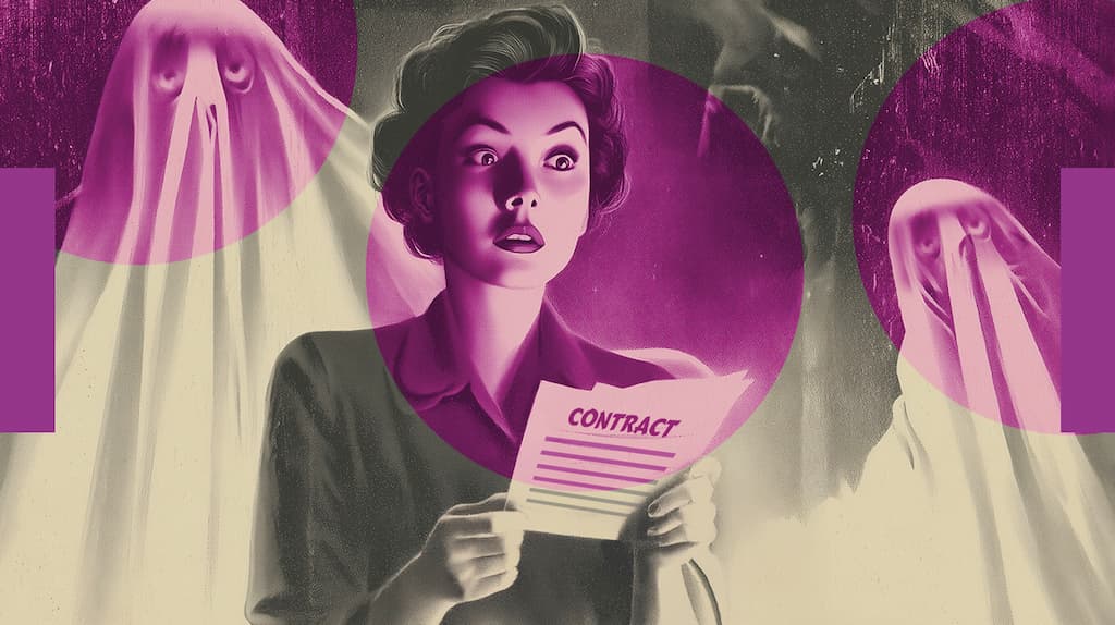 Retro photo of a woman clutching a contract while ghosts loom — visual metaphor for ghosted design clients.