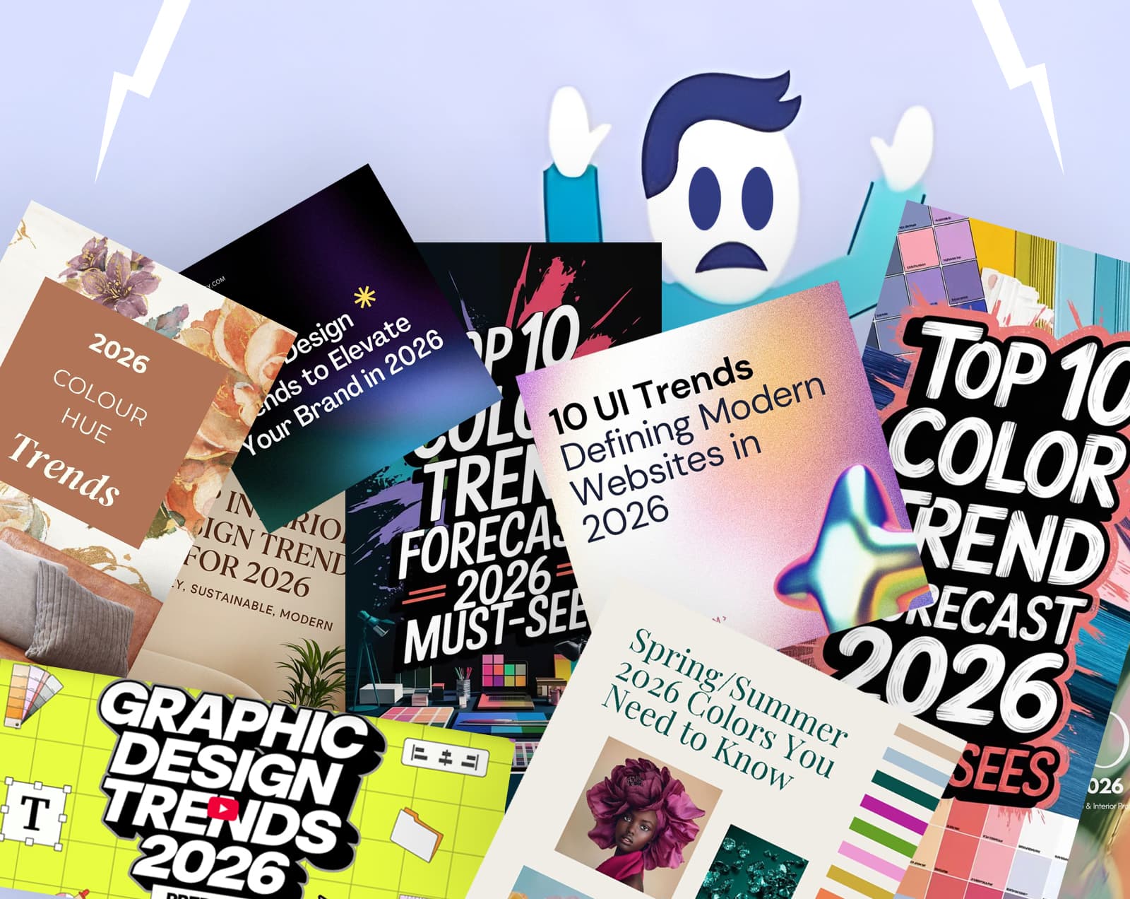 Collage of branding and design trend posters predicting the next year’s styles with design man getting submerged under the onslaught.