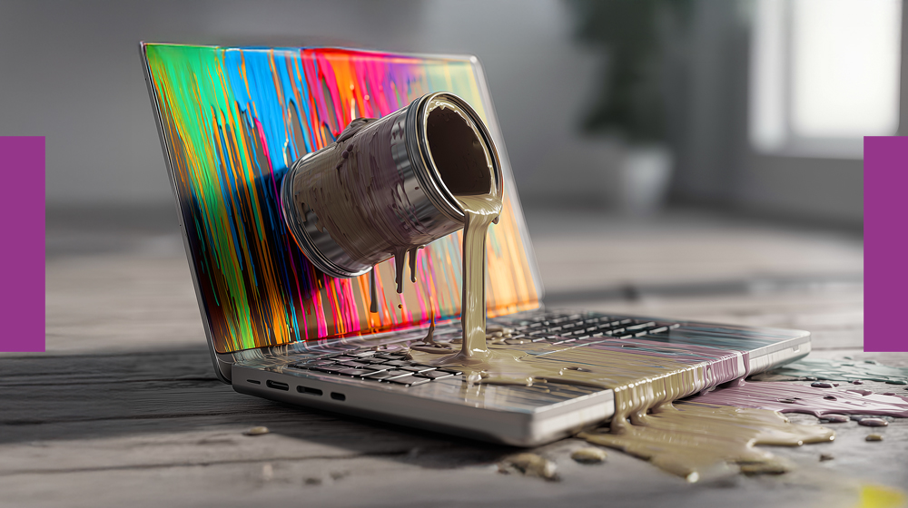 Bucket of paint spilling out of screen looking dull as it enters the real world.