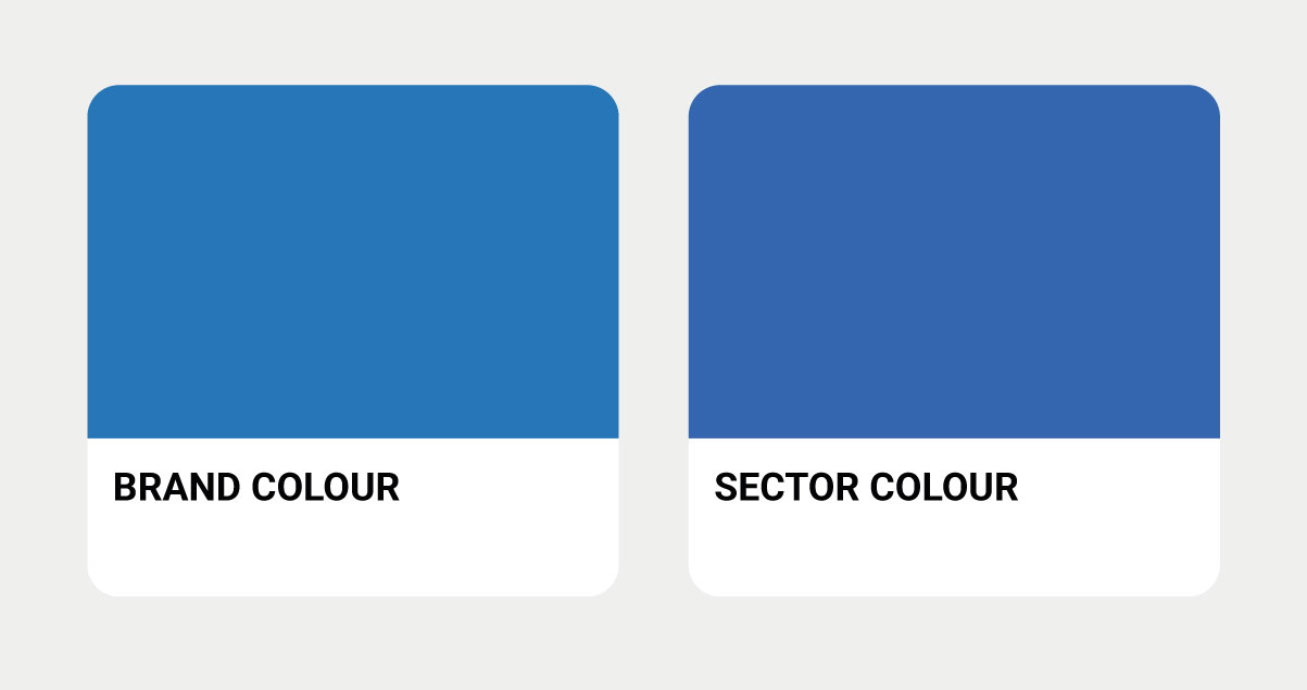 Side-by-side swatches showing how brand and sector blues shift from RGB to CMYK — illustrating the screenification of branding and loss of vibrancy in print.