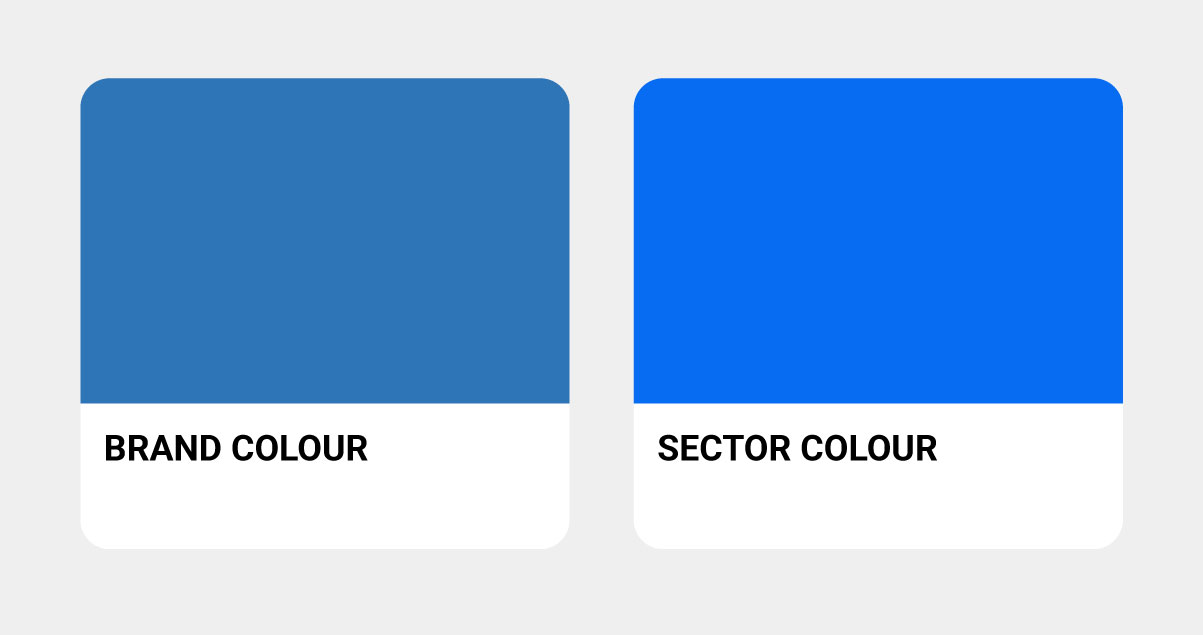 Side-by-side swatches showing how brand and sector blues shift from RGB to CMYK — illustrating the screenification of branding and loss of vibrancy in print.