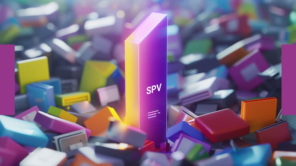 A glowing SPV monolith rising from a chaotic pile of colourful file icons, representing the idea of a single master logo format replacing multiple formats.