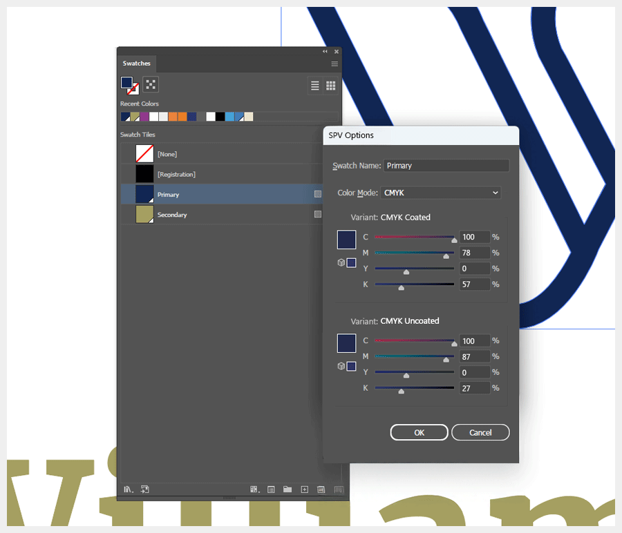 Animated GIF of Illustrator’s Swatch Options panel. A single swatch named “Primary” displays multiple variants including CMYK Coated and CMYK Uncoated. The animation shows how SPV stores all print and screen colour definitions inside one swatch instead of duplicating colours.