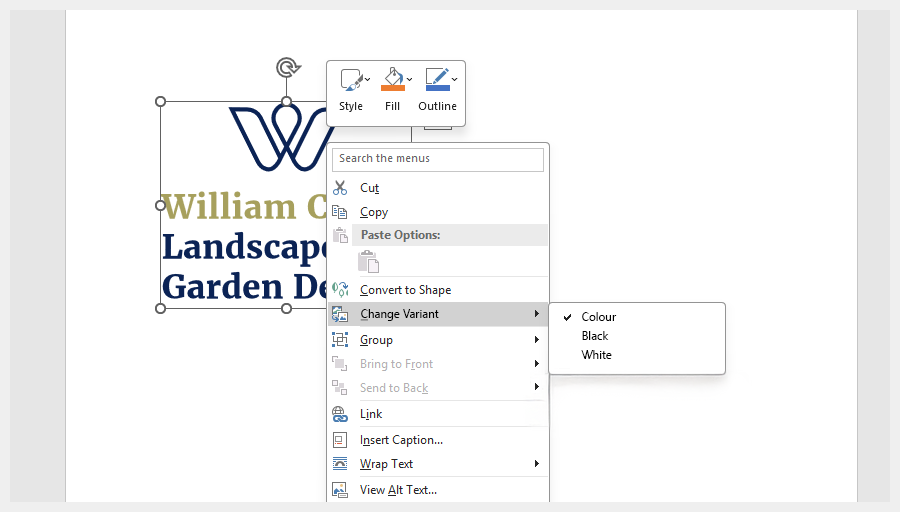 Screenshot of Microsoft Word’s right-click menu on an SPV logo, displaying the “Change Variant” submenu with three options: Colour, Black, and White. This simplified set is the RGB-only version for Office apps.